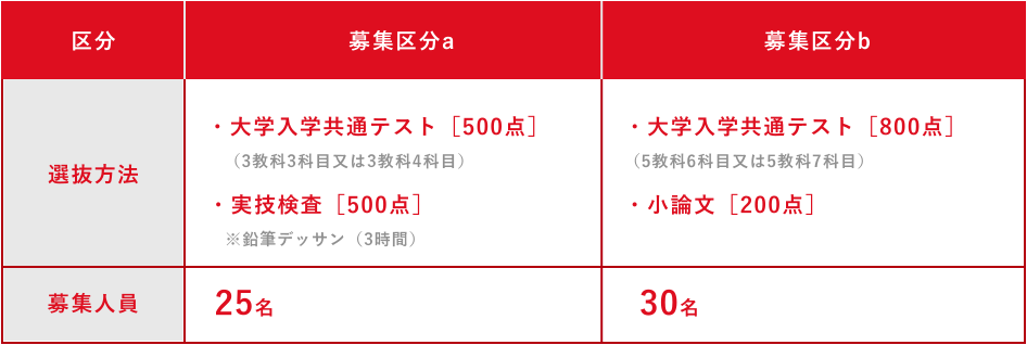 募集区分a／・実技検査［100点］※鉛筆デッサン（3時間） ・面接［100点］、募集人員20名　募集区分b／・小論文［100点］ ・面接［100点］、募集人員15名